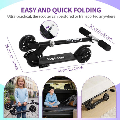 Kids Kick Scooter With LED Light Up Wheels Adjustable Height Foldable Lightweight Toddler Scooter For Boys Girls Age 3-12