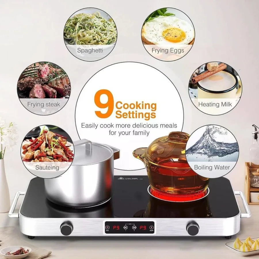 2-Burner Electric Cooktop Countertop Stove with Knob Control 2200W 120V Stainless Steel Finish Compact Design for Kitchen Count