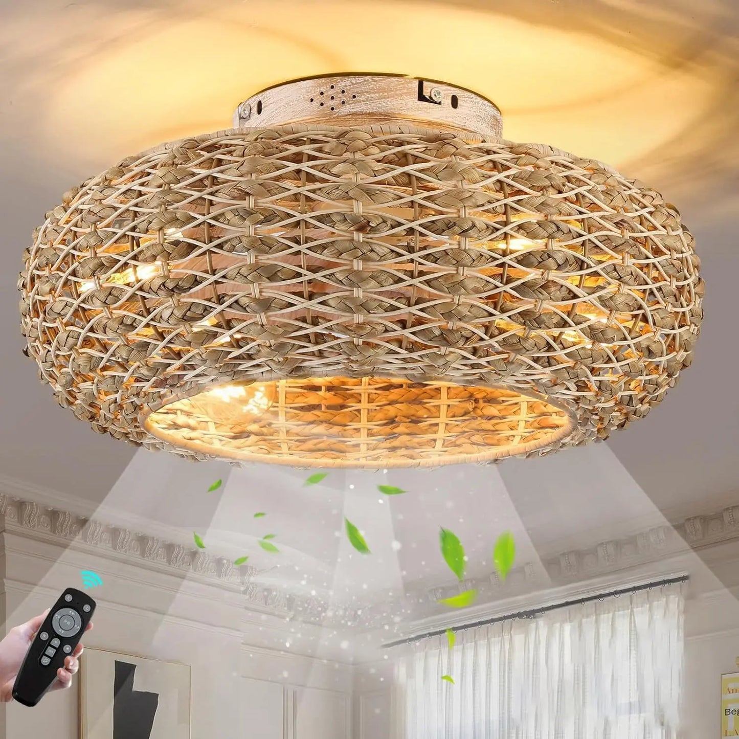 Bamboo Ceiling Fan Fans With Lights Remote Control Bedroom Decor Ventilator Lamp 50cm Air Invisible Blades Retractable Silent