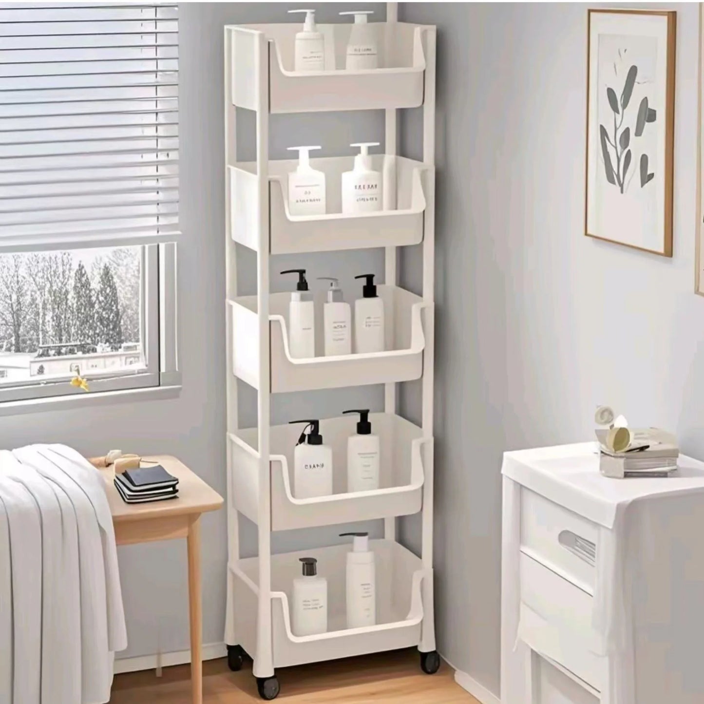 5-tier Storage Rack Storage Cart Bookshelf - Mobile Storage Rack with Wheels for Living Room Bedroom Dormitory Book Storage Rack