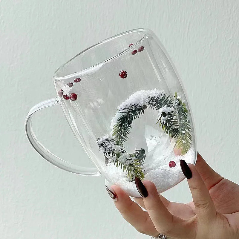 200/350ML Christmas Mug Double Wall Glass Cup Snow Scene Coffee Cup Heat Resistant Juice Milk Glass Water Cup ‌Christmas Gift