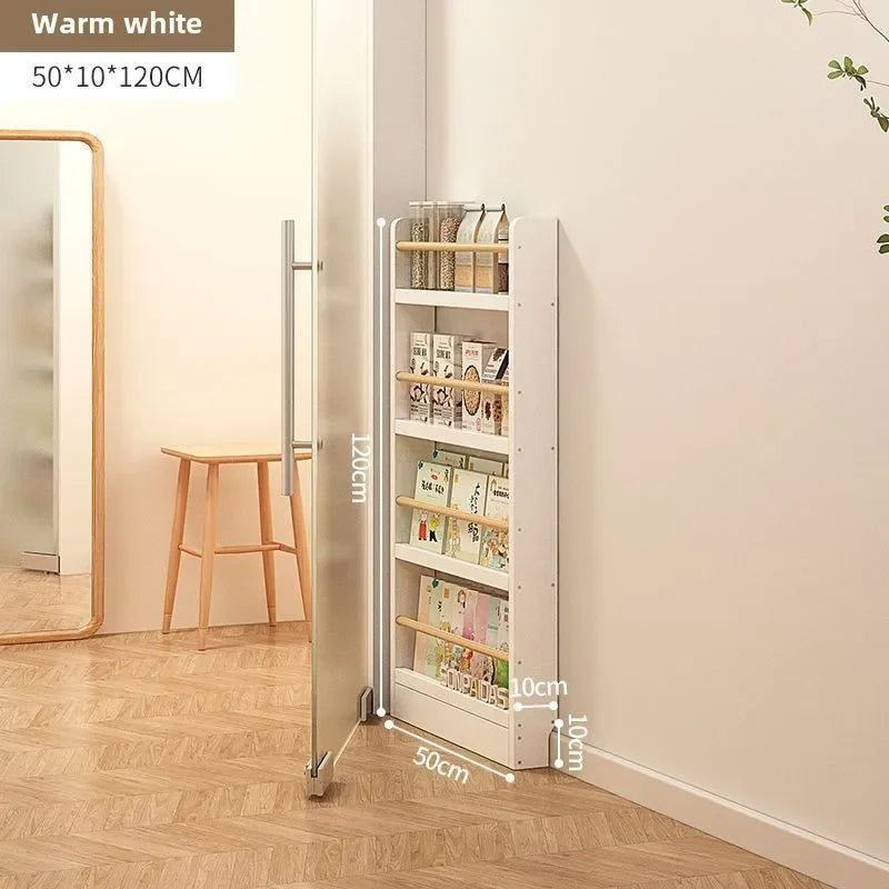 Solid wood bookshelf, floor standing wall mounted multi-layer storage rack, household bookshelf, thin bookshelf behind the door