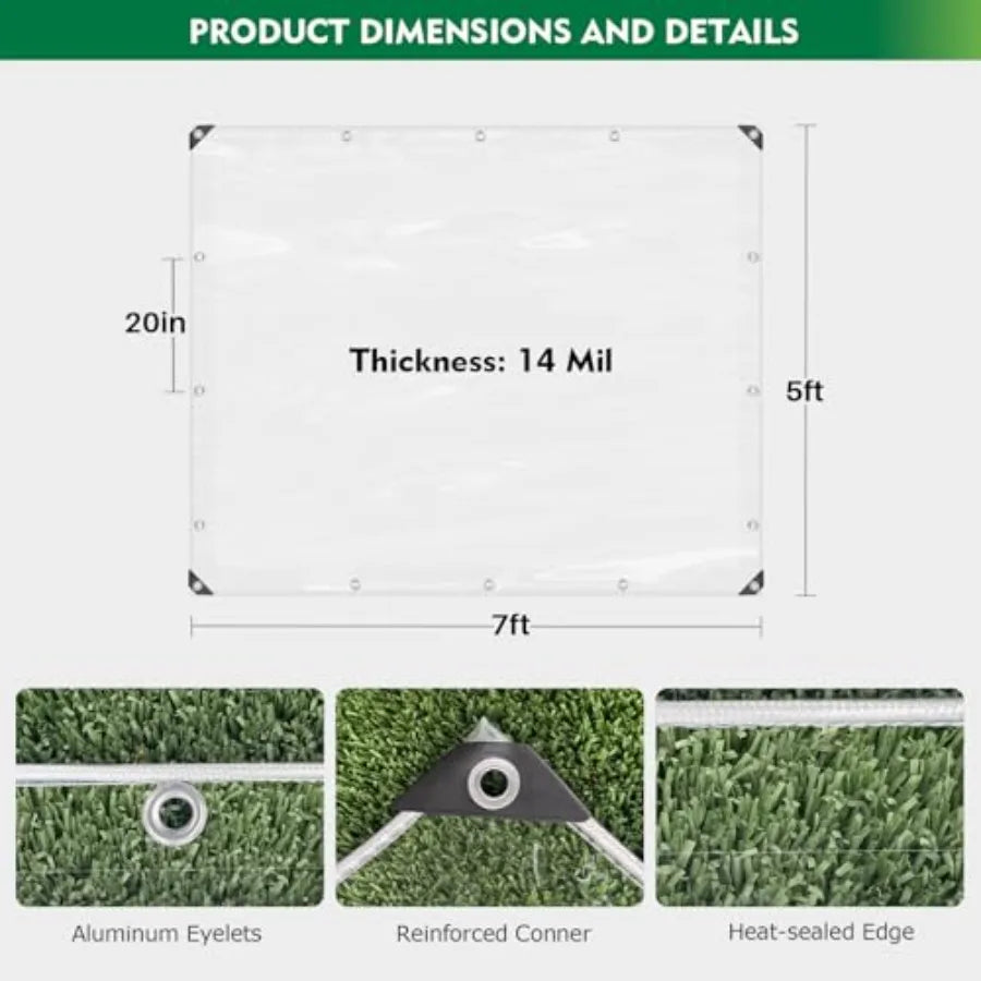 Clear Tarp Heavy Duty with Grommets 5x7 Feet Waterproof PVC Tarpaulin 14 Mil for Patio Enclosure Greenhouse Cover Porch Roof