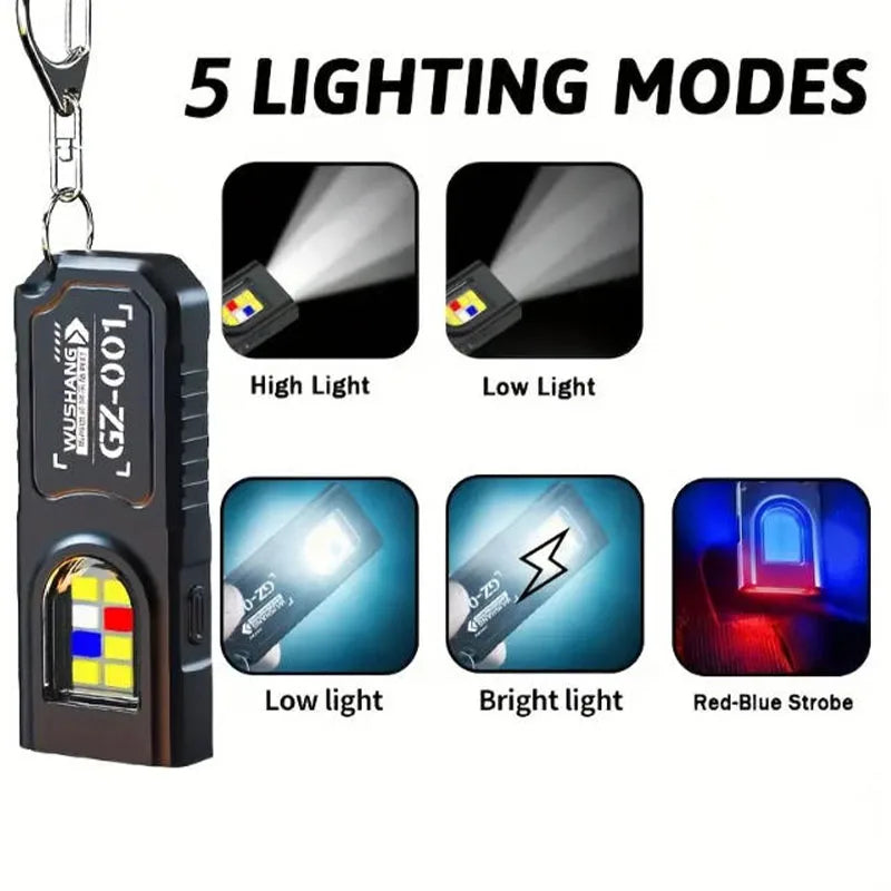 Powerful Mini COB LED Keychain Flashlight USB Rechargeable Hanging Work Light Waterproof Keyring Camping Walking Pocket Lamp