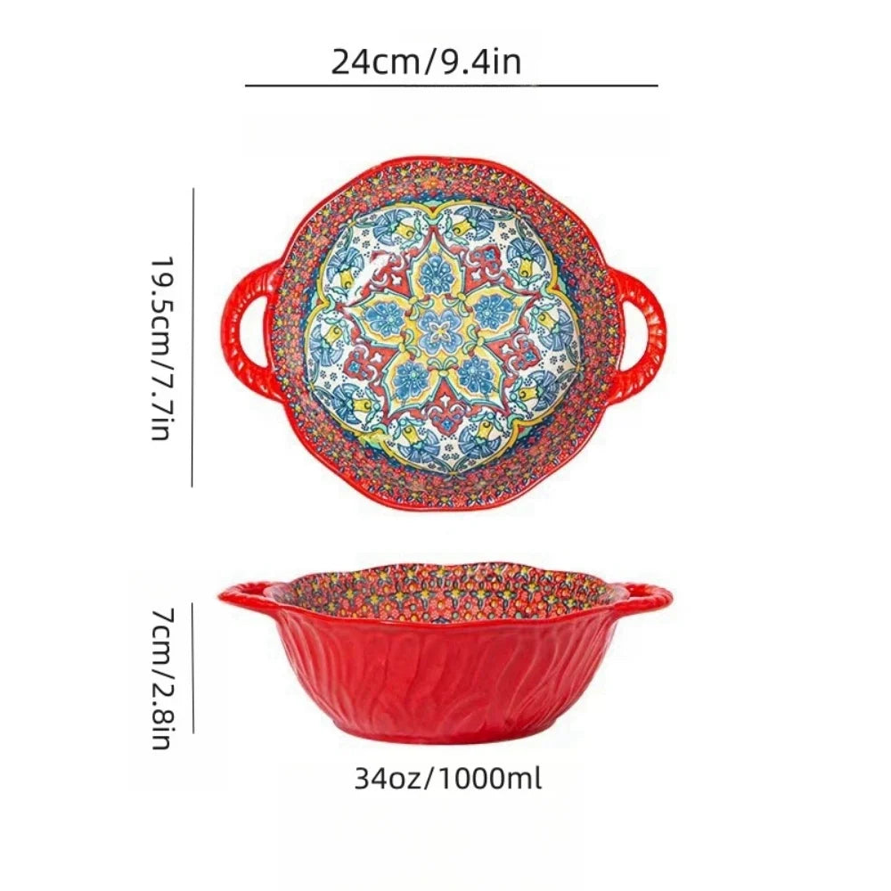 Bohemian Style Ceramic Soup Bowl with Handle Microwave Safe Embossed Design Great for serving soups salads ramen noodles