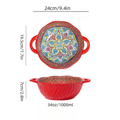 Bohemian Style Ceramic Soup Bowl with Handle Microwave Safe Embossed Design Great for serving soups salads ramen noodles
