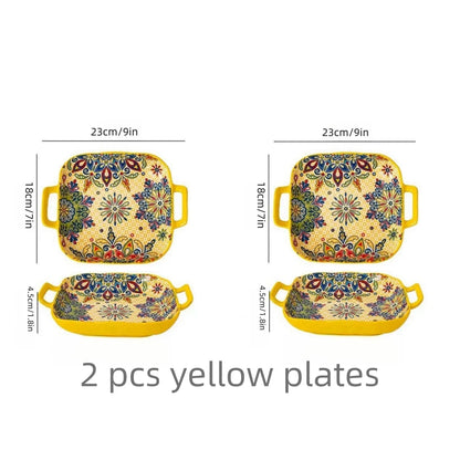 1 piece of 9-inch Bohemian style salad plate with double ear ceramic pasta dish, can be used for oven, microwave