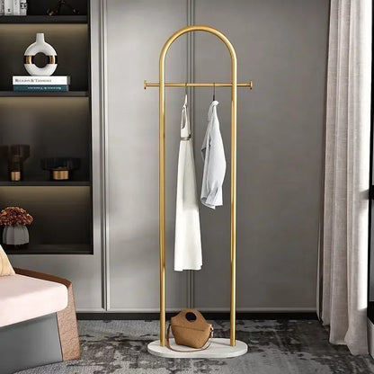 Metal Free Standing Clothes Hanger with Marble Base - Uncharged, Minimalist Bedroom Floor Mount Coat Rack with Storage Shelf