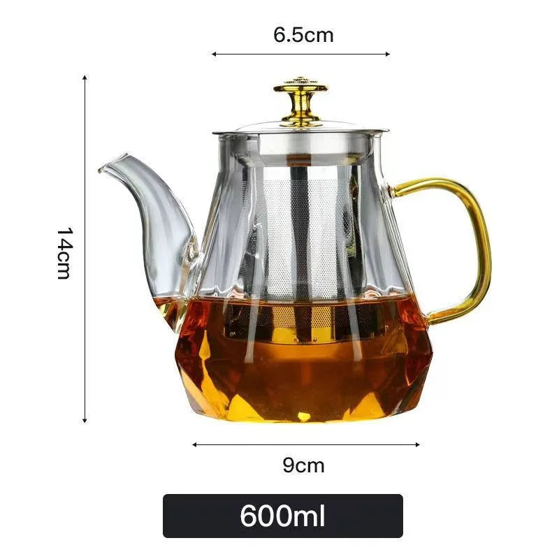JUSTINLAU Glass Teapot Heat Resistant Borosilicate Clear Diamond Tea Kettles with Removable Stainless Steel Infuser Teaware Set