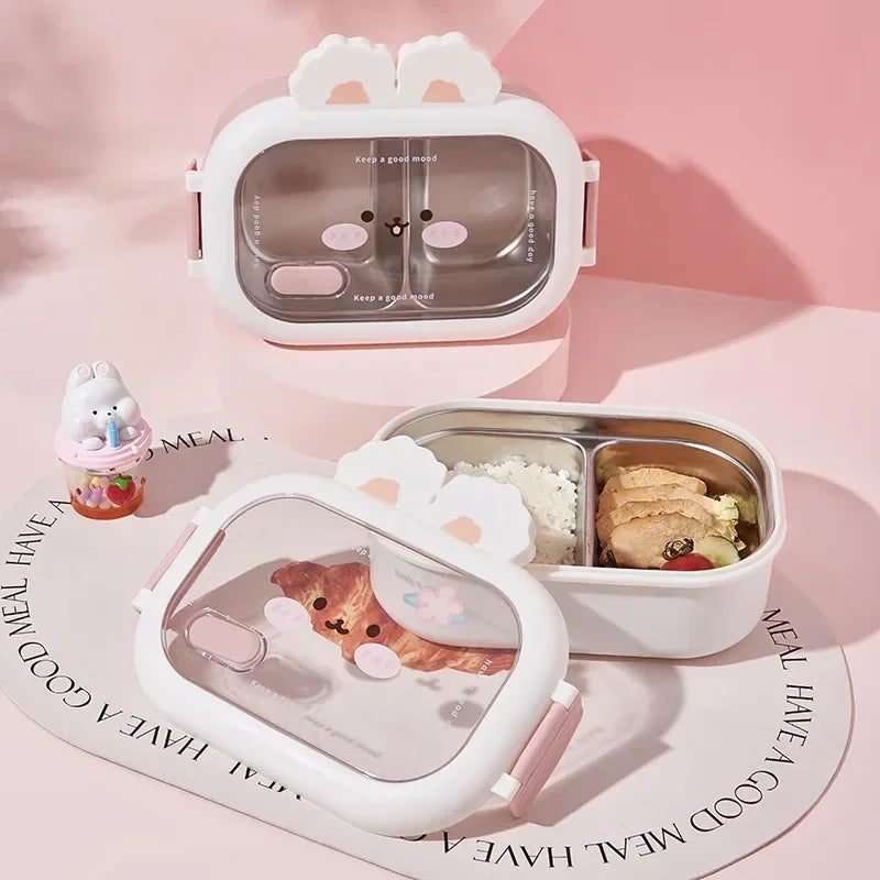 Stainless Steel Bento Box Creative Rabbit Design Divides Sealed Portable Lunch Box with Buckle for Children Student Cute Gifts