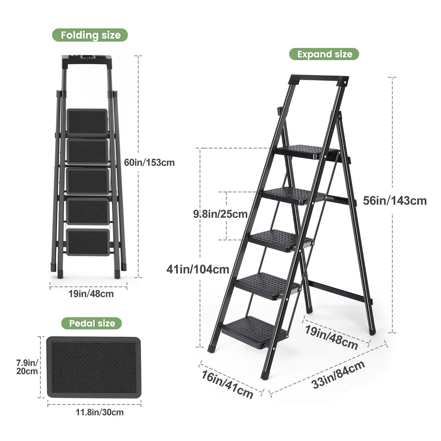 Step Ladder, Folding Step Stool, Heavy-Duty Step Ladder Stool with Handrail Wide Pedal, Anti-Slip Step Ladder with Handgrip
