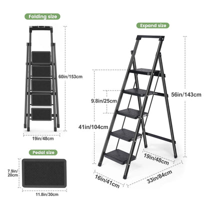 Step Ladder, Folding Step Stool, Heavy-Duty Step Ladder Stool with Handrail Wide Pedal, Anti-Slip Step Ladder with Handgrip