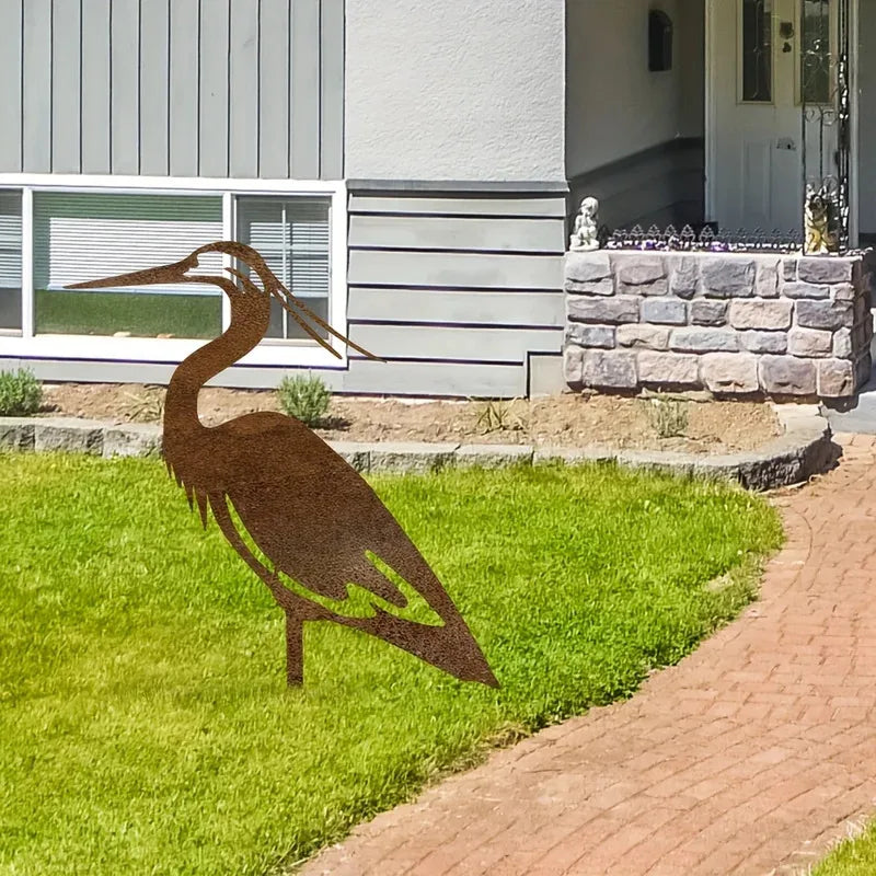Rusted Metal Crane Garden Statue - Contemporary Freestanding Heron Bird Sculpture, Weather-Resistant Outdoor Yard Art for Lawn