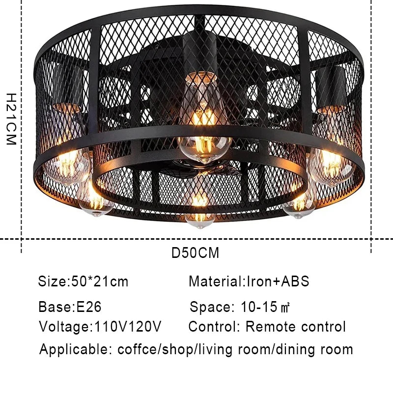 Reversible 6 Speed  Ceiling Fan Lights with Remote Control Black Cage Flush Mount Fandelier Rustic Farmhouse Lighting