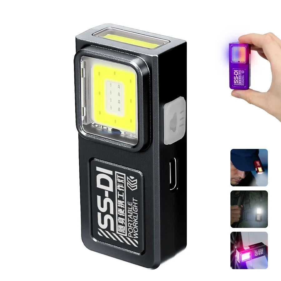 Powerful Mini COB LED Keychain Flashlight USB Rechargeable Hanging Work Light Waterproof Keyring Camping Walking Pocket Lamp