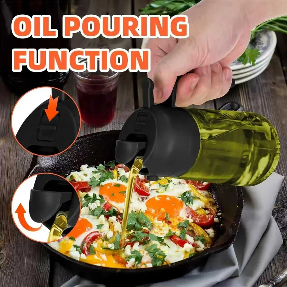 Olive Oil Dispenser,Sprayer for Cooking 2 in 1- Spray and Pour,Dark Green Glass Oil Bottlewith Stickers,16oz/470ml Oil Sprayer