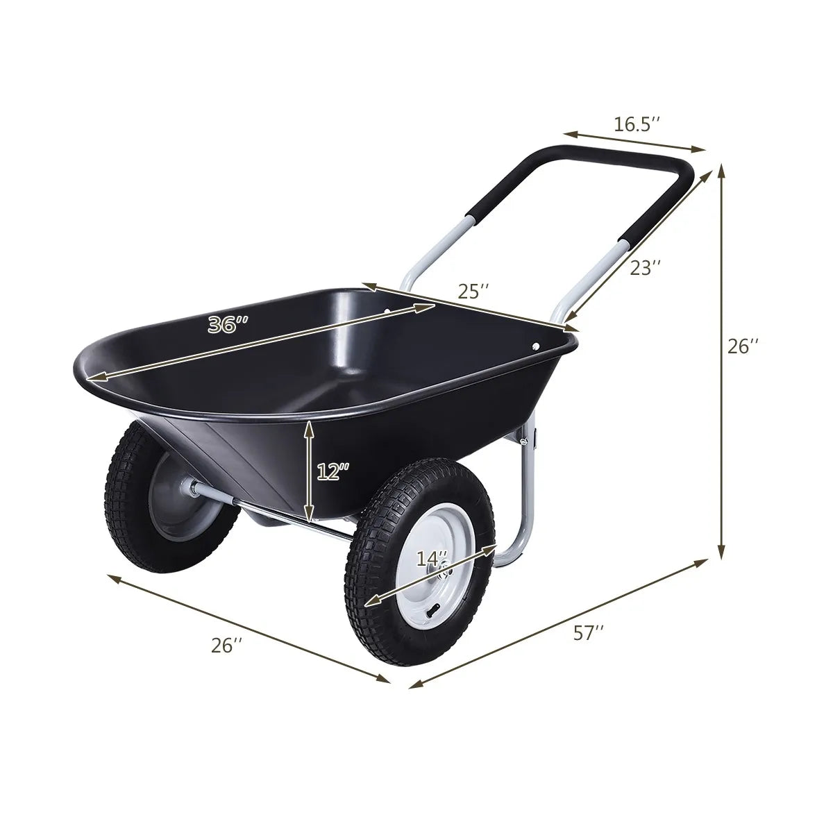 Dual Wheel Wheelbarrow Heavy Duty Garden Cart 330lbs Capacity Utility Cart Black