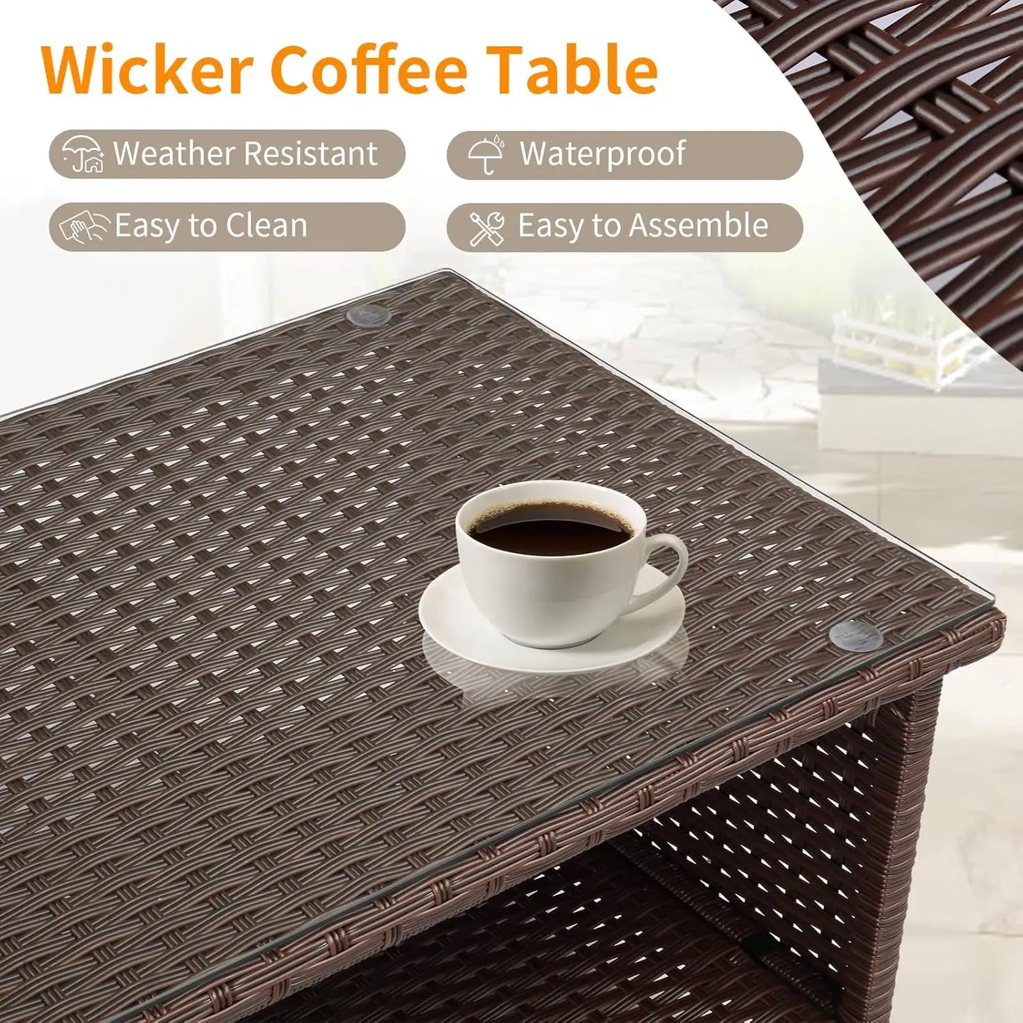 Outdoor Wicker CoffeeTable Patio Coffee Tables for Outside, Tempered Glass Top Wicker Table with Storage Coffee Table for Patio