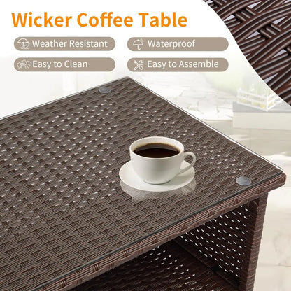 Outdoor Wicker CoffeeTable Patio Coffee Tables for Outside, Tempered Glass Top Wicker Table with Storage Coffee Table for Patio