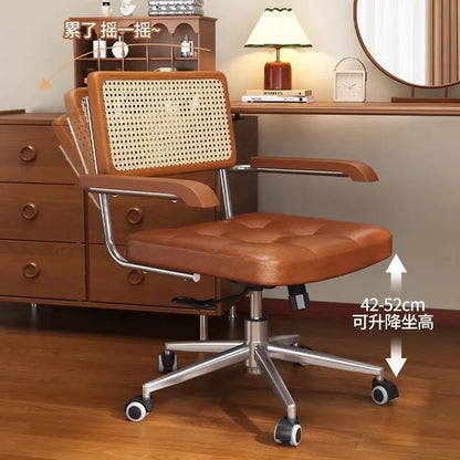 Rattan solid wood office chair Internet celebrity retro rattan chair computer chair home lift swivel chair student study chair