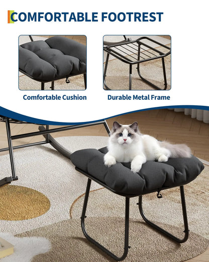 Oversized Papasan Rocking Chair With Ottoman, Outdoor Lounge Egg Rocker For Porch Balcony Backyard, Heavy Duty 450lb Capacity