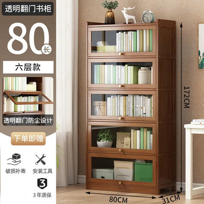 Modern Bamboo Bookshelf Storage Cabinet with Flip Doors 4/5/6 Tier Bookcase for Living Room Bedroom Office