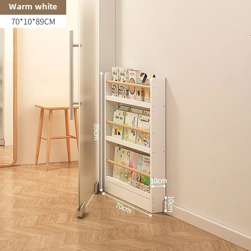 Solid wood bookshelf, floor standing wall mounted multi-layer storage rack, household bookshelf, thin bookshelf behind the door