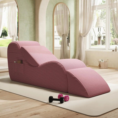 Corduroy Yoga Sofa - All Sponge Filled Stretching Lounge Chair with Side Pocket for Home Fitness & Relaxation