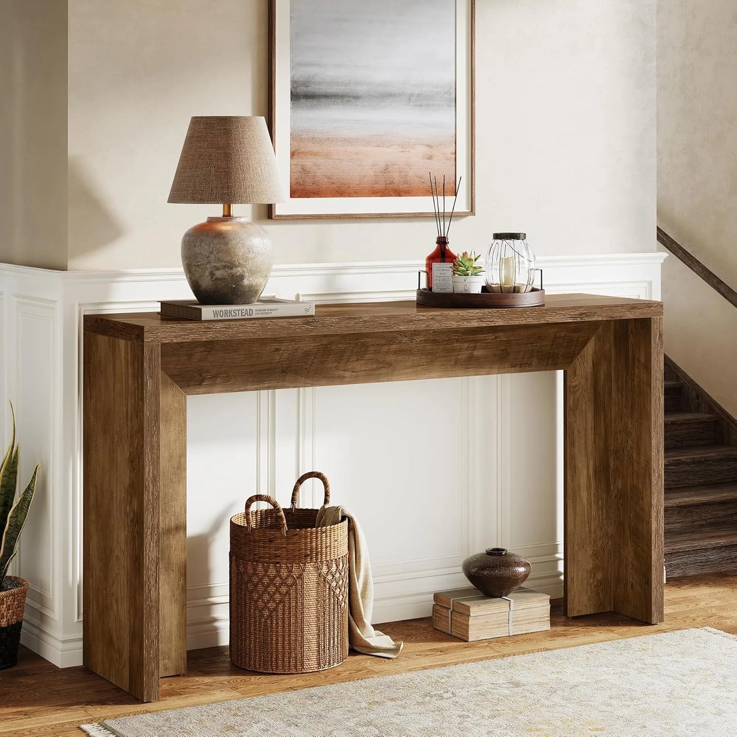 55-Inch Farmhouse Console Table, Wooden Sofa Table with Storage for Entryway