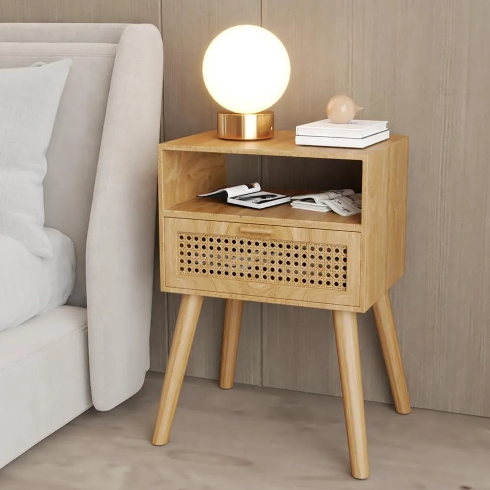 Nightstand with Rattan Door Wooden Bedside Table End Table 1 Drawer Storage