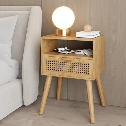 Nightstand with Rattan Door Wooden Bedside Table End Table 1 Drawer Storage