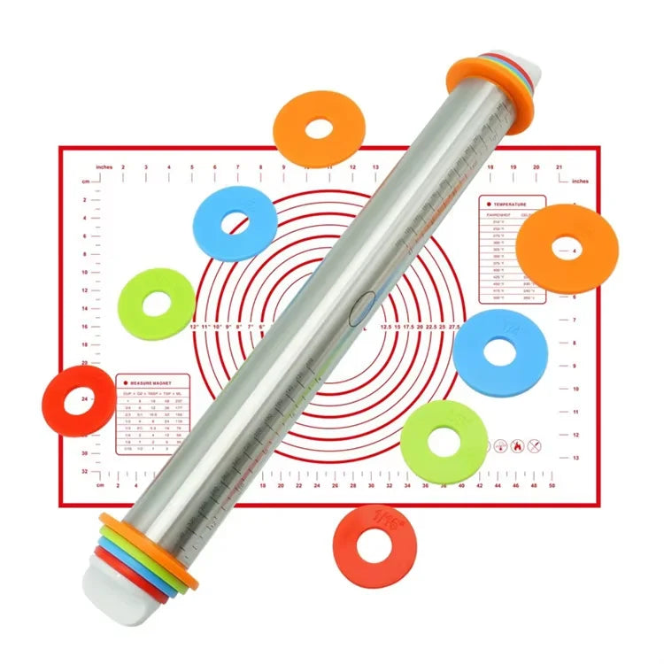 17inch Rolling Pin and Pastry Baking Mat Set Stainless Steel Rolling Pins with Adjustable Thickness Rings for Baking YY173