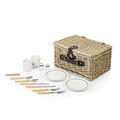 Catalina Picnic Basket for 2 Classic Deluxe English Handwoven Wicker Basket with Genuine Leather Accents and Full Service for T