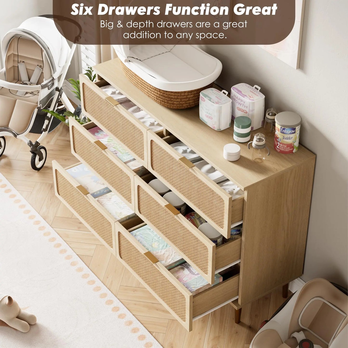 6-Drawer Rattan Dresser, Natural Hand-Woven Rattan & Wood Large Storage Dresser With Deep Drawers For Bedroom Living Room