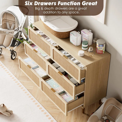 6-Drawer Rattan Dresser, Natural Hand-Woven Rattan & Wood Large Storage Dresser With Deep Drawers For Bedroom Living Room