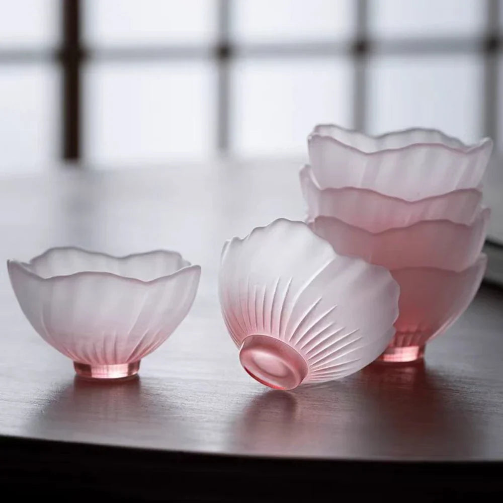 4 Pieces Glazed Glass Frosted Pink Sakura Japanese Teacup, Pink Glazed Lady, Household Flower Teacup, Tea Cup, Petal  Cup