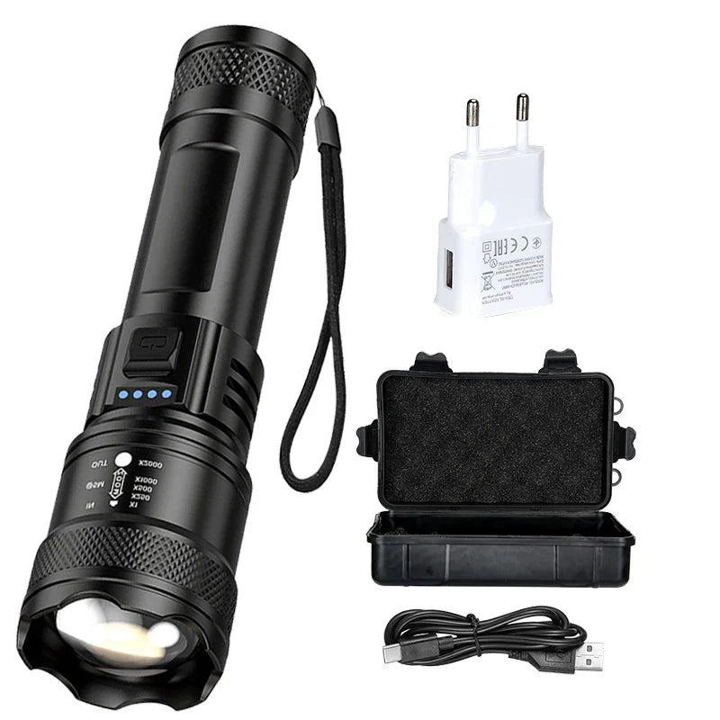 Super Bright Flashlight USB Rechargeable LED Long Range Tactical Torch Outdoor Waterproof Emergency Camping Fishing Lantern