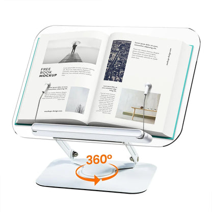 NEW Book Stand for Reading Adjustable Book Holder with 360° Rotating Base Elastic Page Clips Foldable Desktop Riser Stand