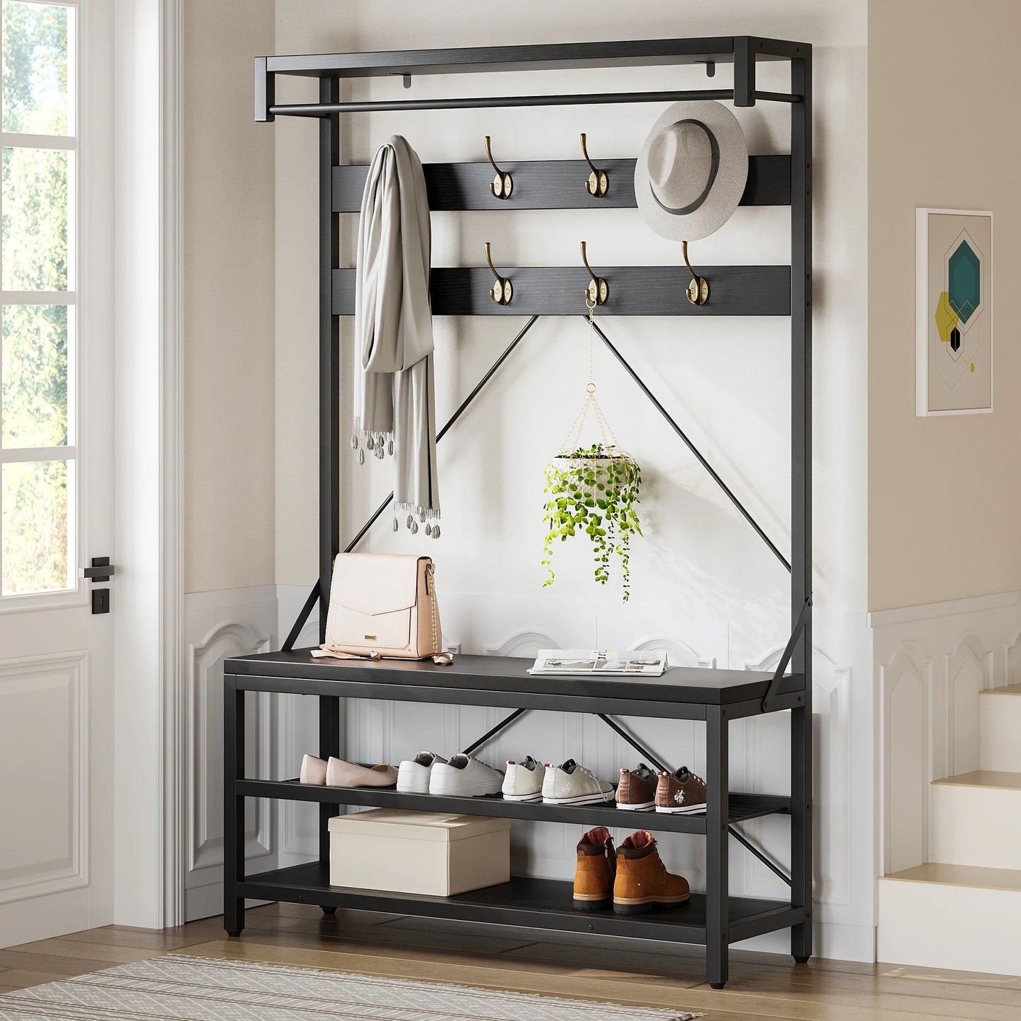 Industrial Hall Tree Coat Rack with Bench & 3-Tier Shoe Storage, 8 Hooks, Sturdy Metal Frame,Entryway Organizer for Hallway