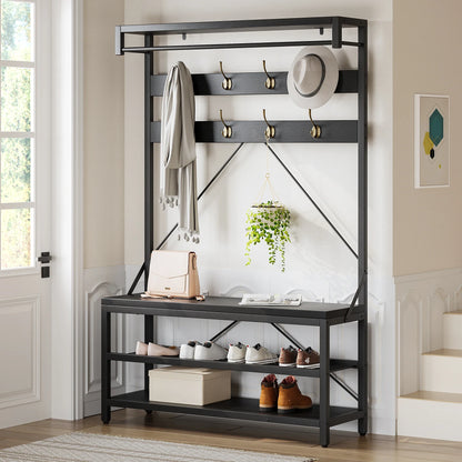 Industrial Hall Tree Coat Rack with Bench & 3-Tier Shoe Storage, 8 Hooks, Sturdy Metal Frame,Entryway Organizer for Hallway