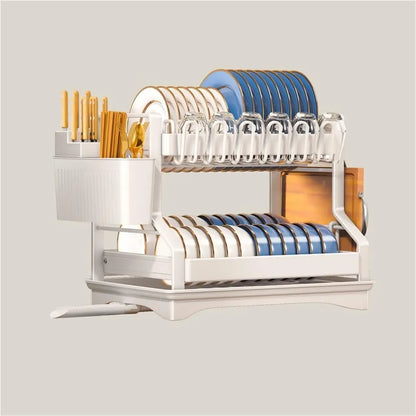 2-Tier Dish Drying Rack for Kitchen Counter, Large Dish Rack with Drainboard, Carbon Steel Kitchen Dish Rack with Utensil Holder