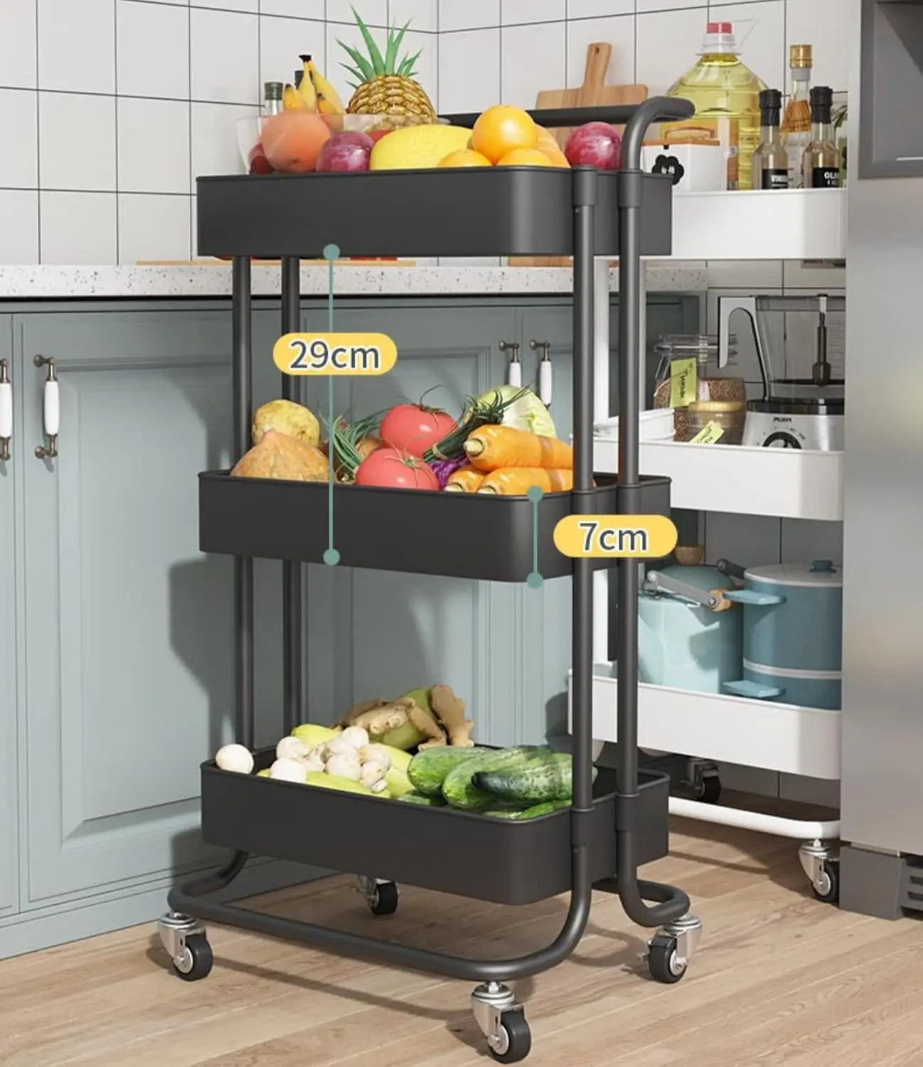 Sooyee 3 Tier Utility Cart,Rolling Cart with Handle and Lockable Wheels, Multi-Functional Storage Cart for Kitchen, Bathroom