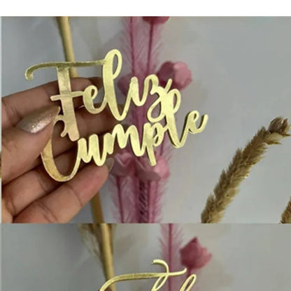 ins Spanish Happy Birthday Cake Topper Golden Crown Acrylic Birthday Party Cake Toppers For Baby Shower Cake Dessert Decorations