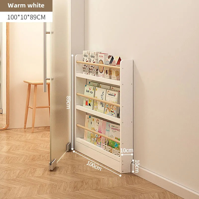 Solid wood bookshelf, floor standing wall mounted multi-layer storage rack, household bookshelf, thin bookshelf behind the door