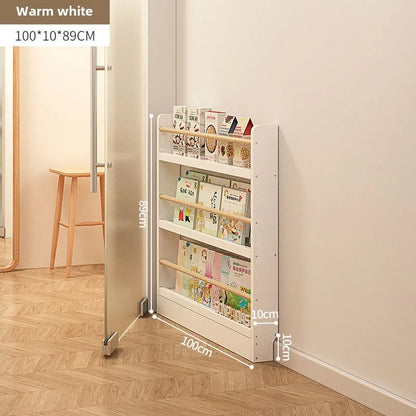 Solid wood bookshelf, floor standing wall mounted multi-layer storage rack, household bookshelf, thin bookshelf behind the door