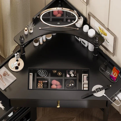 Vanity Desk Set with Storage Cushioned Stool and Charging Station, Triangle Makeup Desk with