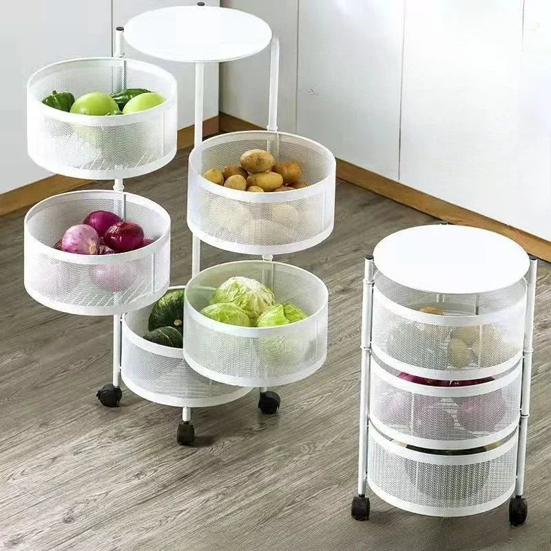 Kitchen Organizer Trolley Cart Rolling Foldable Portable Storage Multi Tier Round Fruit Vegetable Shelf No Assembly Furniture