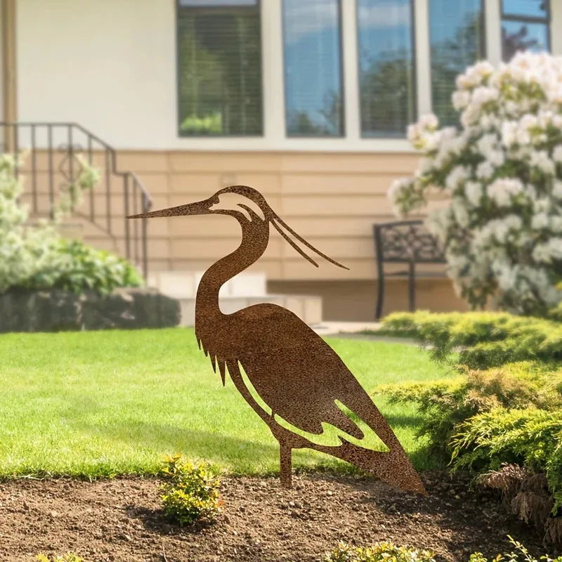 Rusted Metal Crane Garden Statue - Contemporary Freestanding Heron Bird Sculpture, Weather-Resistant Outdoor Yard Art for Lawn