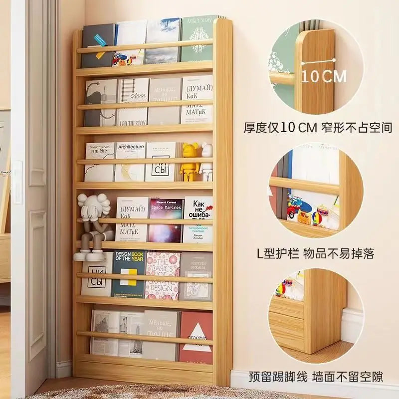 Corner storage rack, ultra-thin solid wood floor-standing bookcase, door back storage rack, narrow cabinet, wall-mounted childre