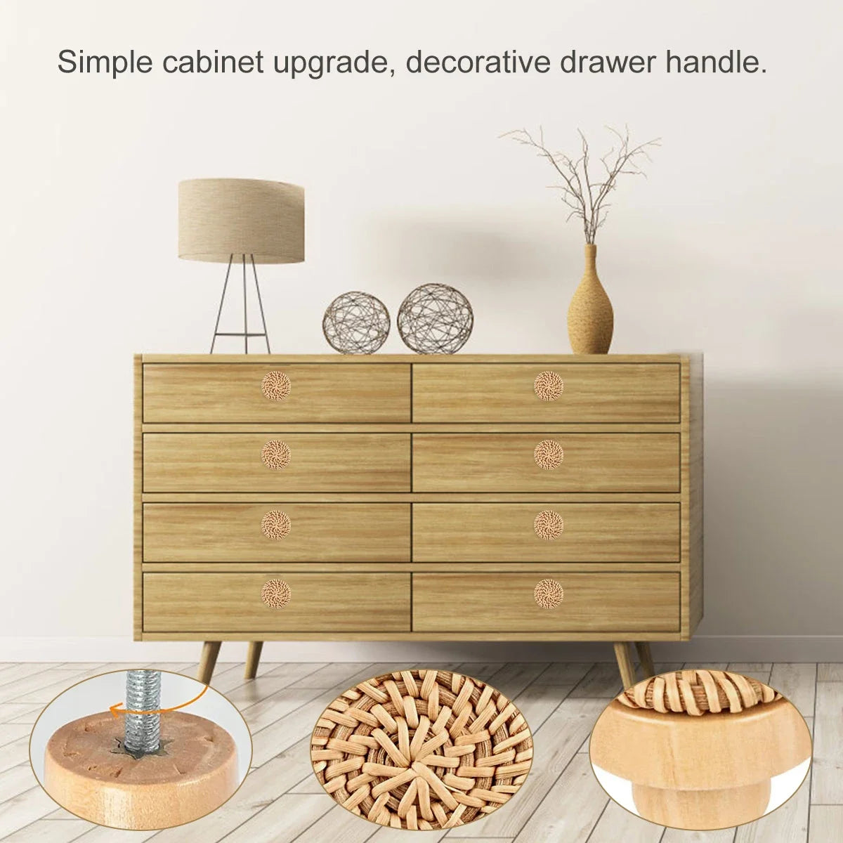 6-24Pcs Rattan Drawer Knobs Boho Rattan Wooden Dresser Knobs Handmade Cabinets Dresser Handles Furniture Wardrobe Door Pulls